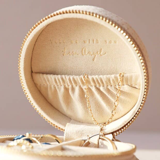 Sun and Moon Embroidered Round Jewelry Case in Beige