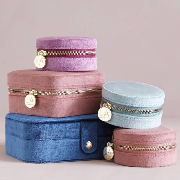 Rose Pink Velvet Round Travel Jewelry Case