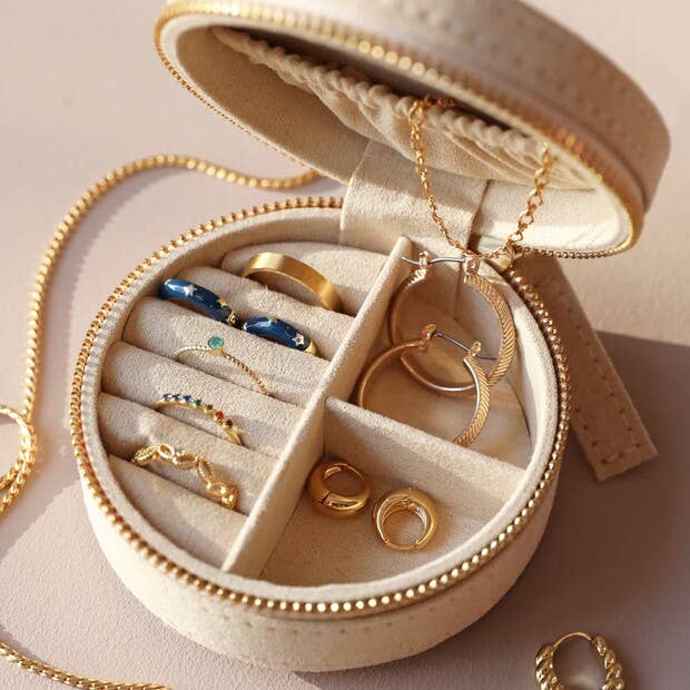 Sun and Moon Embroidered Round Jewelry Case in Beige