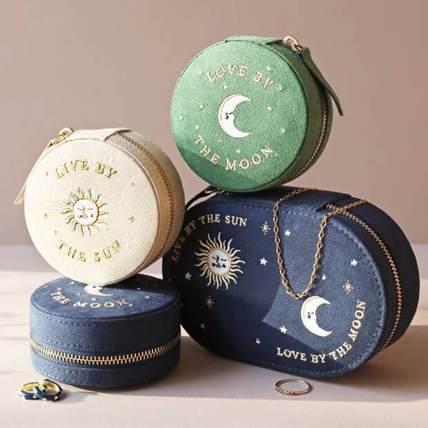 Sun and Moon Embroidered Round Jewelry Case in Beige
