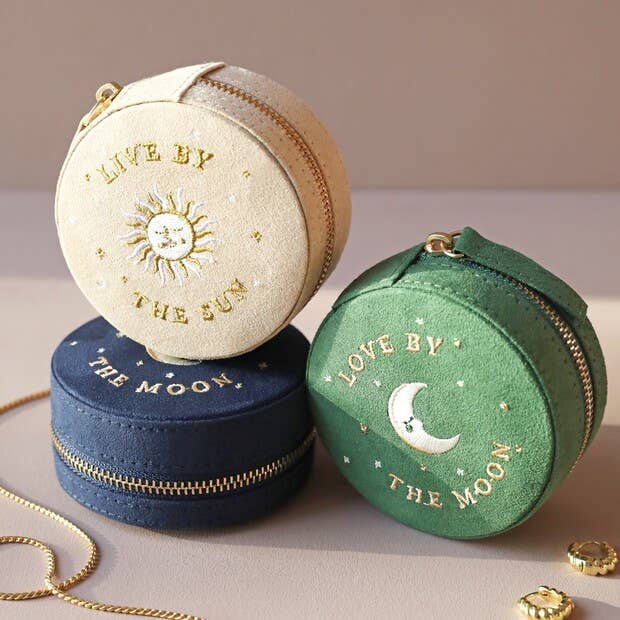 Sun and Moon Embroidered Round Jewelry Case in Beige