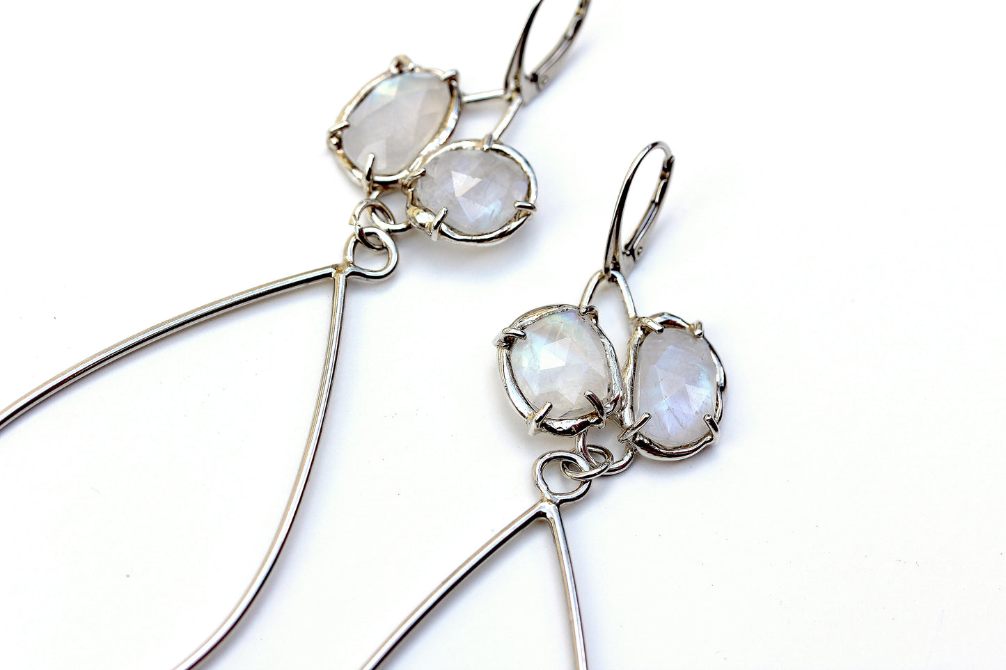 Sterling silver and Rainbow Moonstone dangle bridal earrings handmade by Katie Poterala