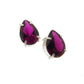 Full view of Embry Earrings. these studs have a pear shaped ruby set with four silver prongs.