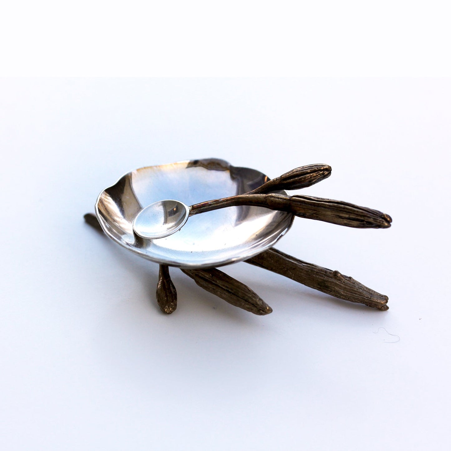 Handmade Salt Cellar or tiny serving dish in Sterling Silver and cast lily bud harvested in Greenville SC