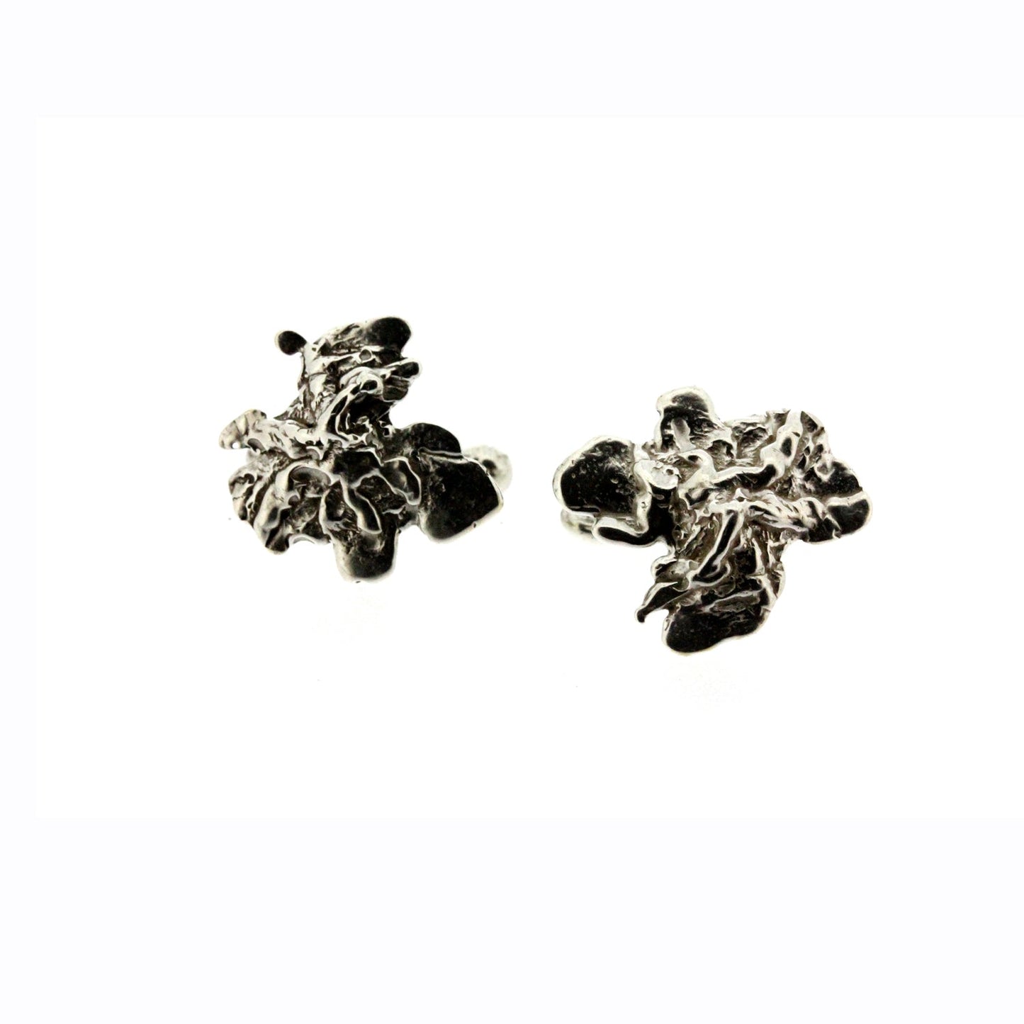 Full view of Dylan Cufflinks. Featuring a contemporary, organic design that reminiscent of fungi or other small flora, these cuffinks are made of sterling silver.