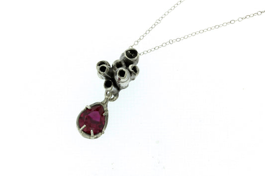 Full view of secondary/smaller Ruby Necklace. Organic Cluster Necklaces in Sterling Silver with one teardrop shaped Lab Grown Rubies.
