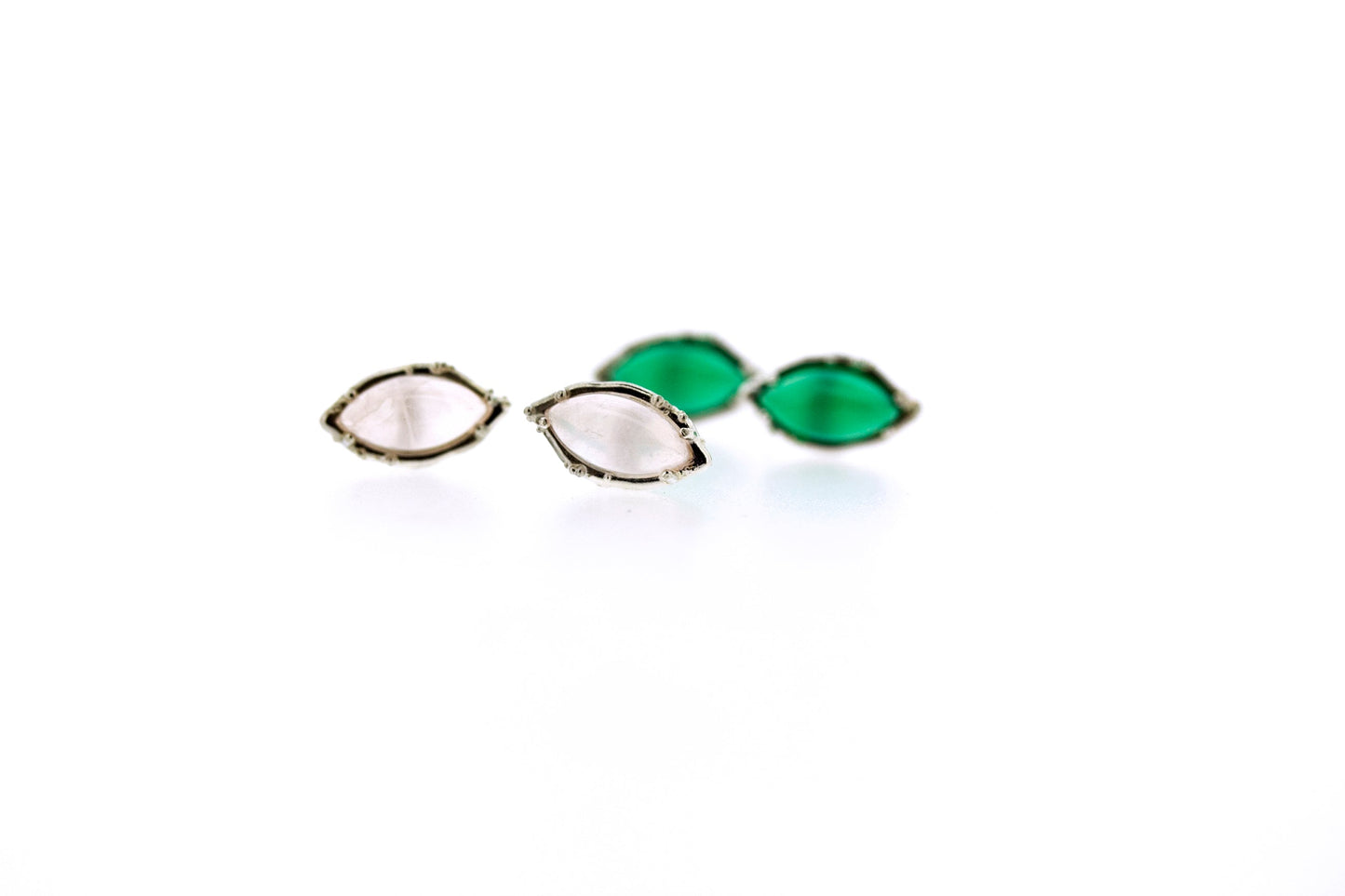 Full view of Rosa - Rose Quartz and Green Onyx earrings, one stacked in front of the other.