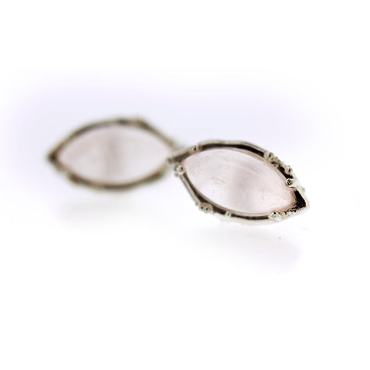 Full view of Rosa - Rose Quartz earrings. Sweet little Sterling silver marquise studs with semi-precious Rose Quartz cabochon gemstones.