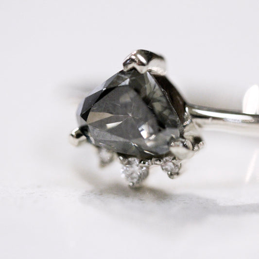 unique handmade crown style partial halo diamond and gray moissanite engagement ring