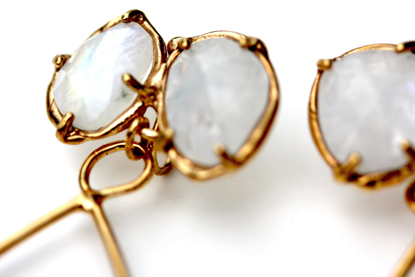 Detail photo of Prong set rose cut Rainbow Moonstone dangle earring in gold 