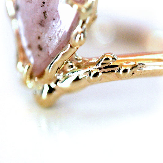 organic pear shaped handmade artist engagement ring with salt and pepper pink rose cut sapphire in asymmetrical perched design