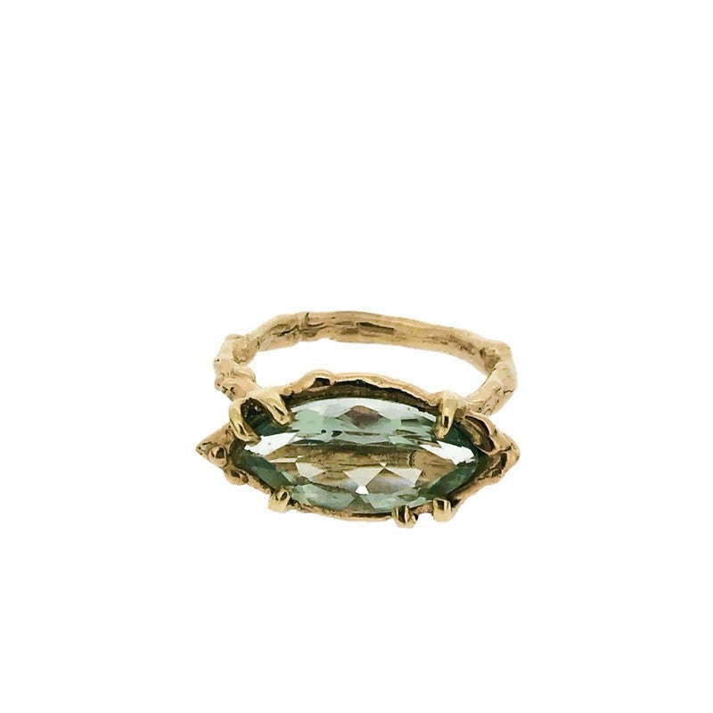 Full view of Marquise Prasiolite Organic Ring on white background.