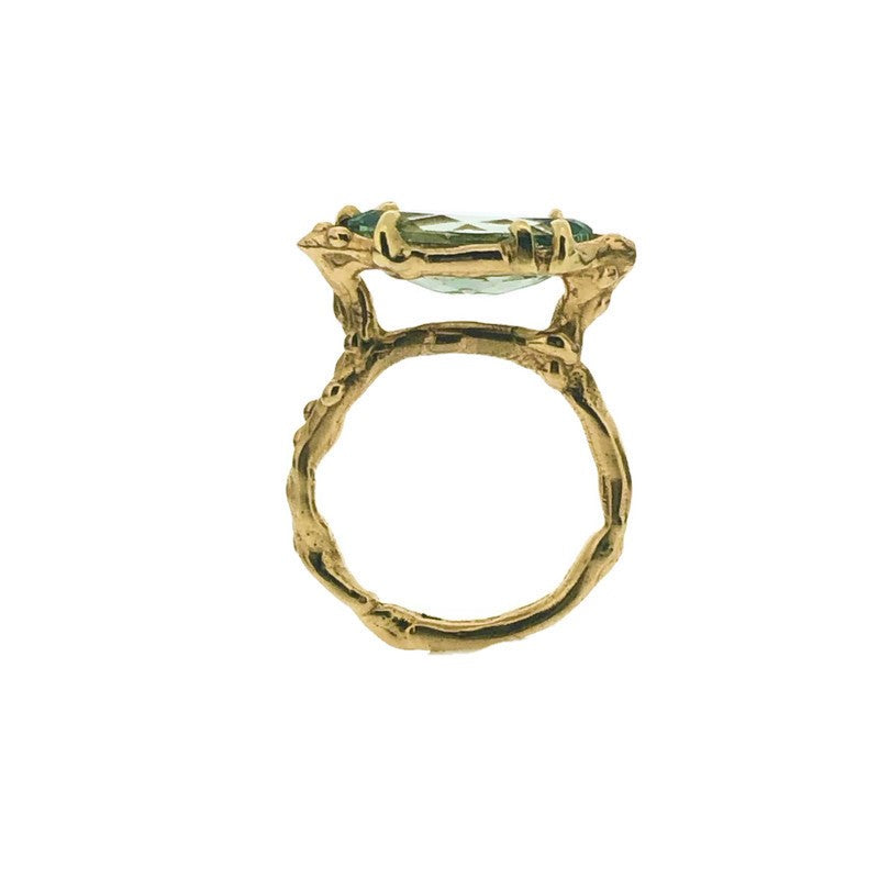 Full view of side of Marquise Prasiolite Organic Ring showcasing its basket setting for the prasiolite gemstone.