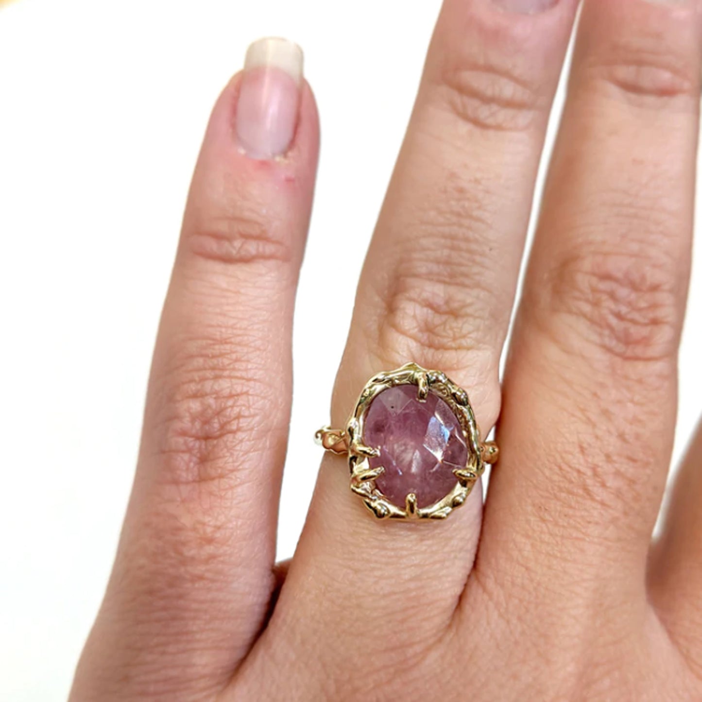 unique handmade pink rose cut sapphire engagement ring with hand wrought organic nature inspired dewdrop or water texture details