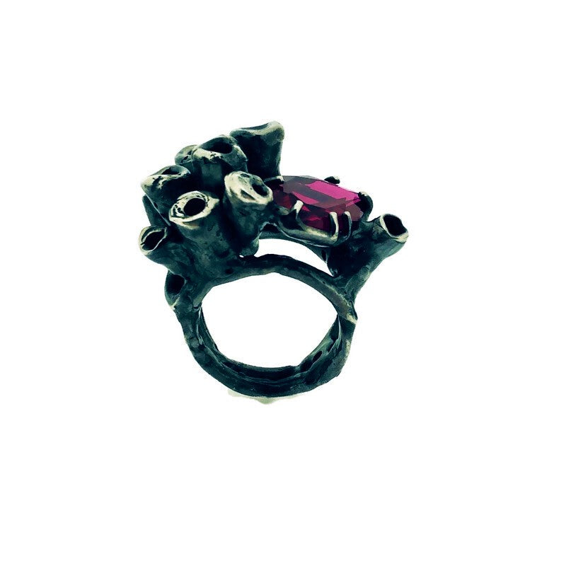 Side profile view of Ruby Seasponge Statement Ring.