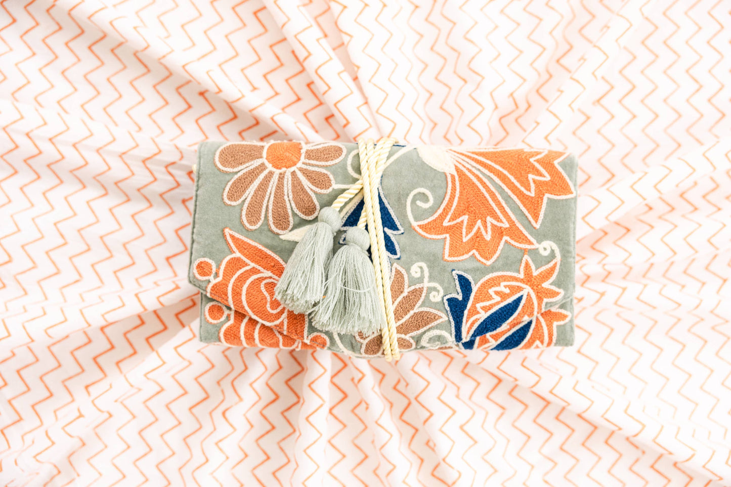 Embroidered Velvet Jewelry Organizer - Mint Botanical