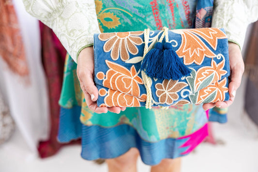 Embroidered Velvet Jewelry Organizer - Blue Botanical