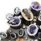 Handmade one of a kind bangle in oxidized sterling silver with Amethyst, Citrine, Topaz, Tourmaline, and Sapphire with 18K Gold dots