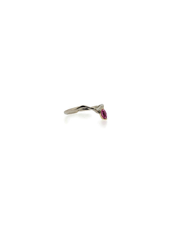 dainty organic pink sapphire arched shadow band stacking ring with marquise shaped stone in two tone band