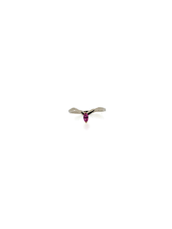 dainty organic pink sapphire arched shadow band stacking ring with marquise shaped stone in two tone band