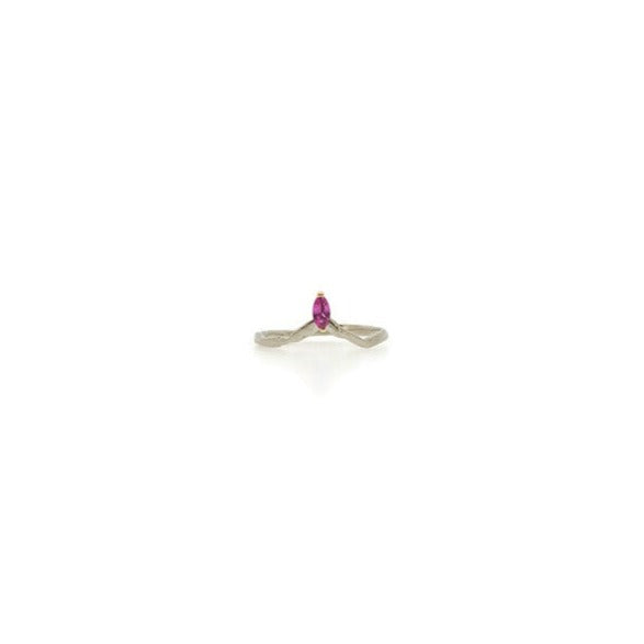 dainty organic pink sapphire arched shadow band stacking ring with marquise shaped stone in two tone band