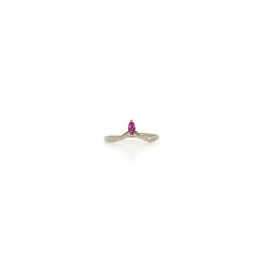 dainty organic pink sapphire arched shadow band stacking ring with marquise shaped stone in two tone band