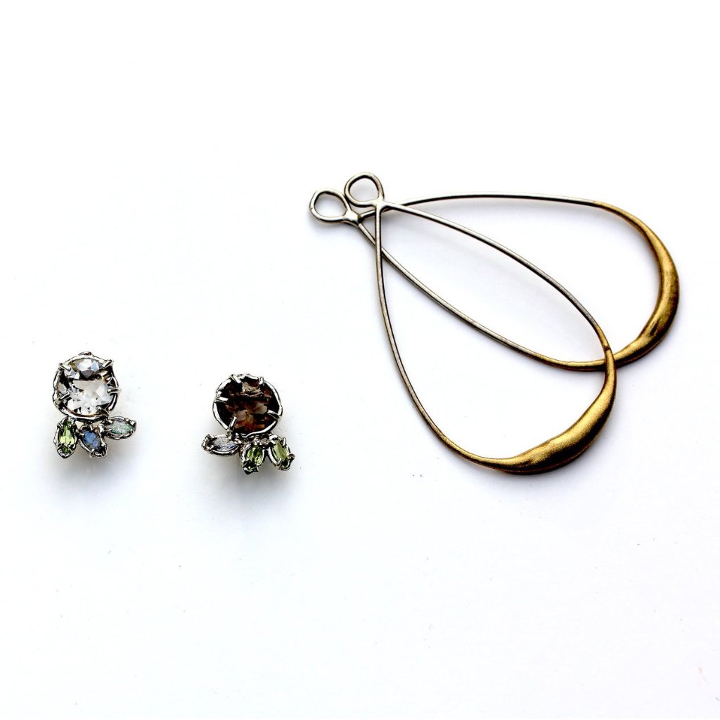 Smoky topaz earrings that convert from studs to dangles.