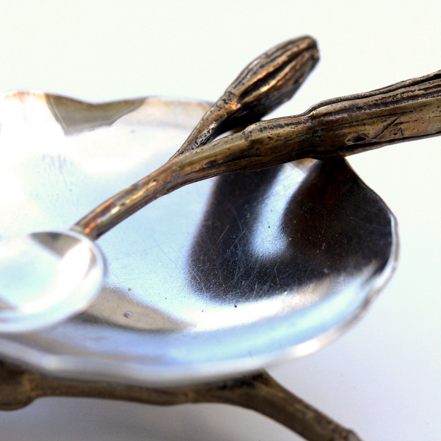 Handmade Salt Cellar or tiny serving dish in Sterling Silver and cast lily bud harvested in Greenville SC, detail of dish and spoon
