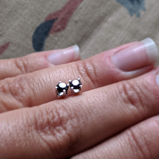 Full view of Black Diamond Stud Earring in-between two fingers to help give an idea of its scale.
