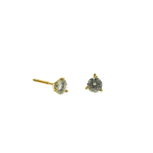 Full view of front and side profile of Lab Grown Diamond Stud Earrings. These stud earrings are a simple yet classic design with a diamond set with three gold prongs.