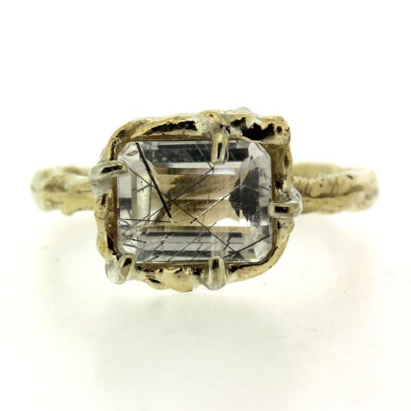 14k yellow gold and Tourmalated Quartz Cocktail Ring having a soft organic quality.