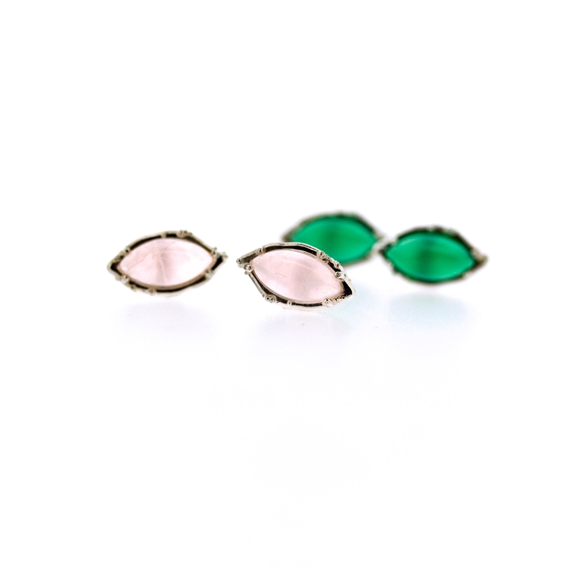Full view of Rosa - Rose Quartz and Green Onyx earrings one stacked in front of the other.