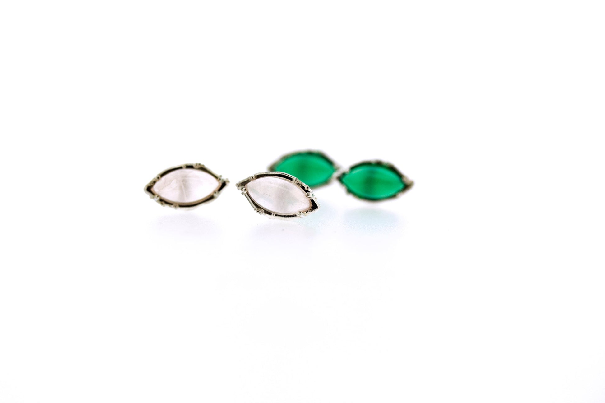 Full view of Rosa - Rose Quartz and Green Onyx earrings, one stacked in front of the other.