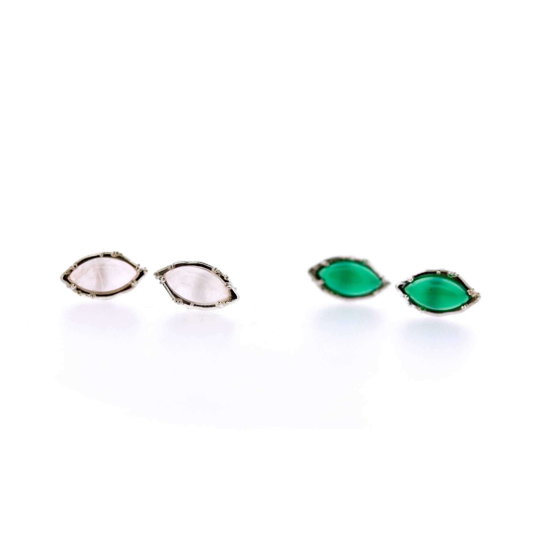 Full view of Rosa - Rose Quartz and Green Onyx earring sitting next to one another.