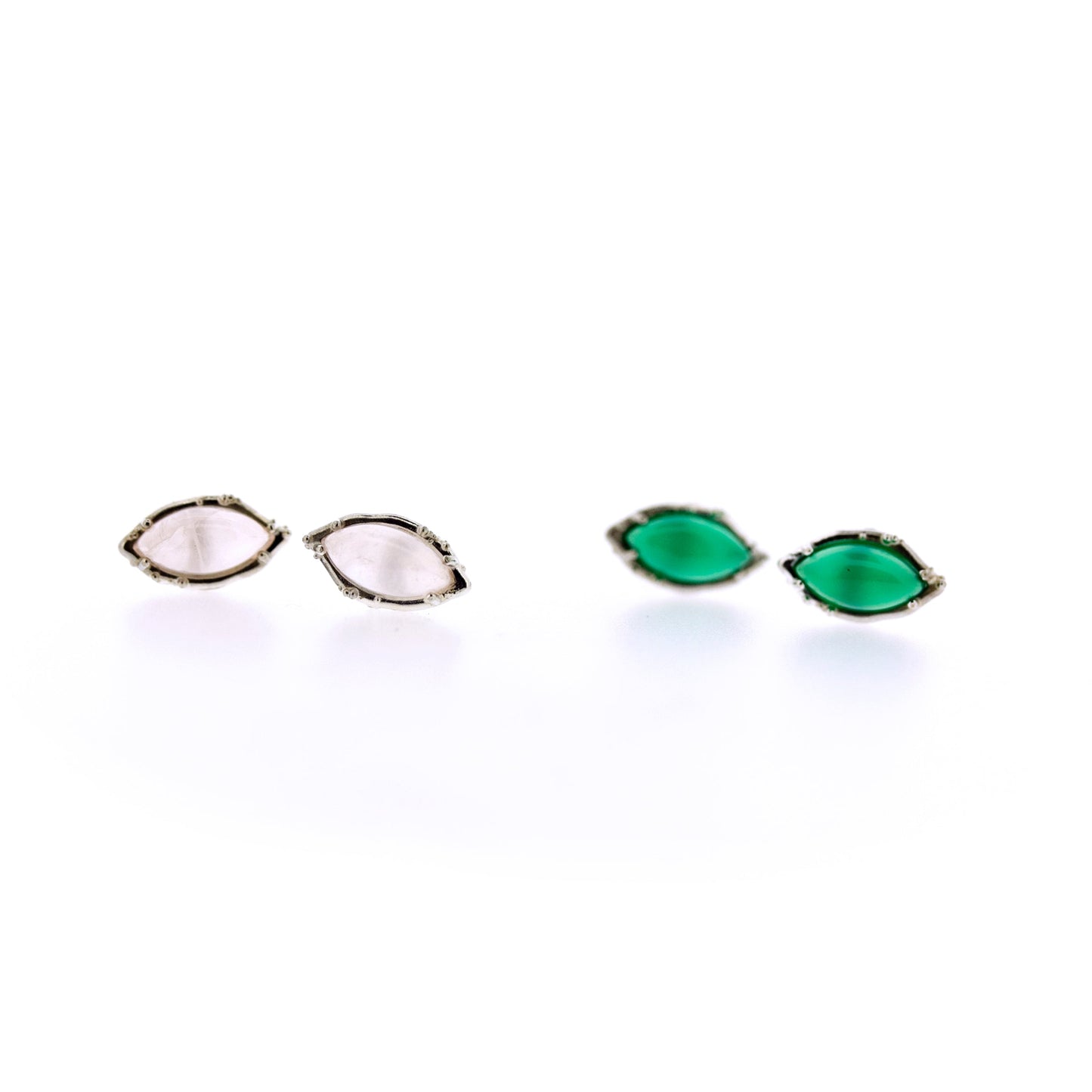 Full view of Rose - Rose Quart and Green Onyx earrings sitting next to one another.