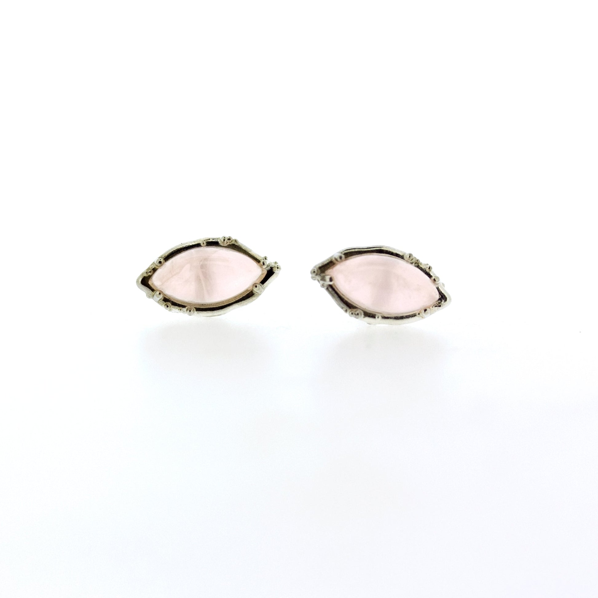 Full view of Rosa - Rose Quartz earrings. Sweet little Sterling silver marquise studs with semi-precious Rose Quartz cabochon gemstones. 