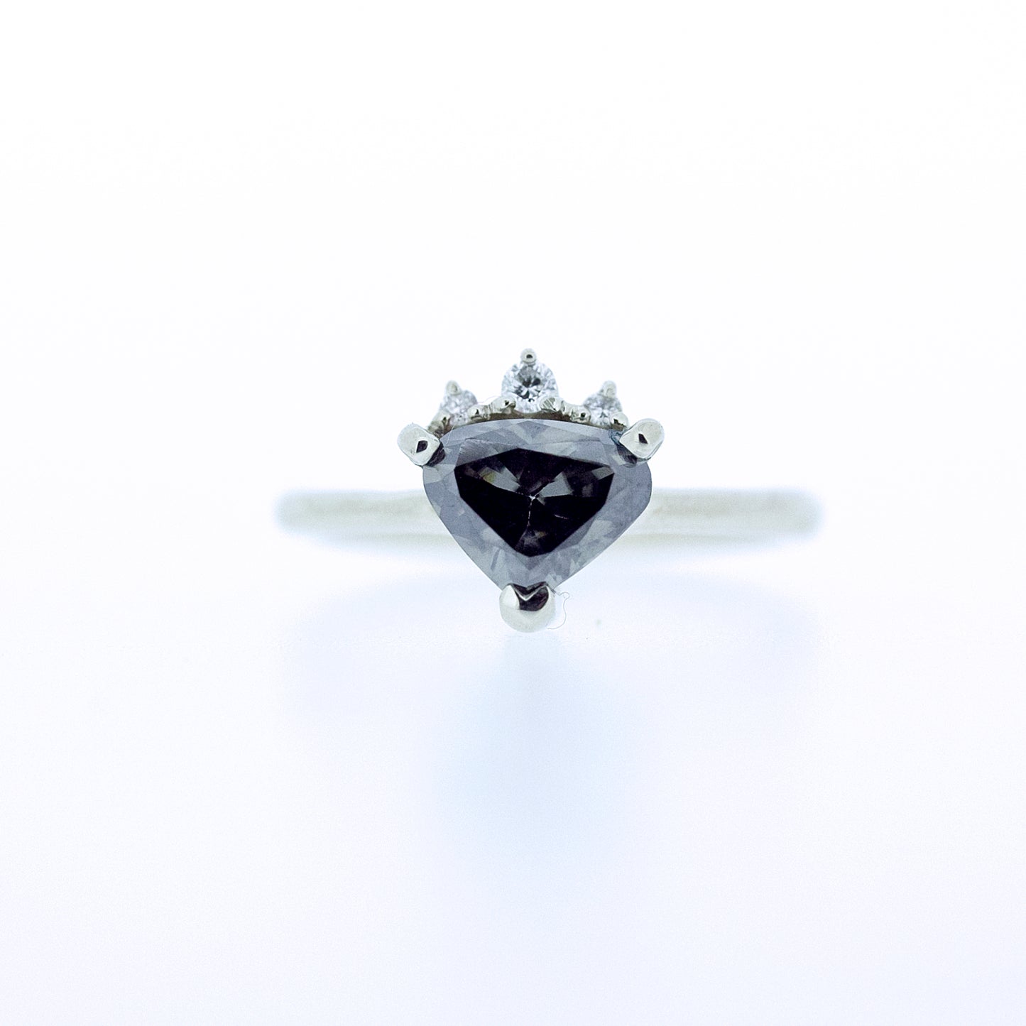 unique handmade crown style partial halo diamond and gray moissanite engagement ring 