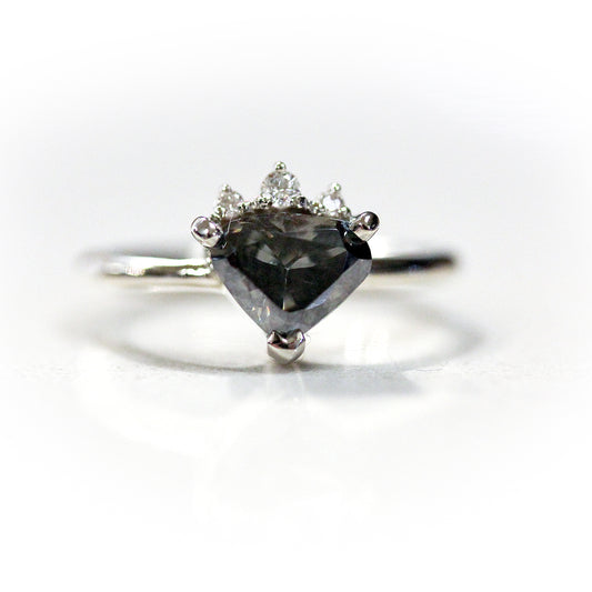 unique handmade crown style partial halo diamond and gray moissanite engagement ring 