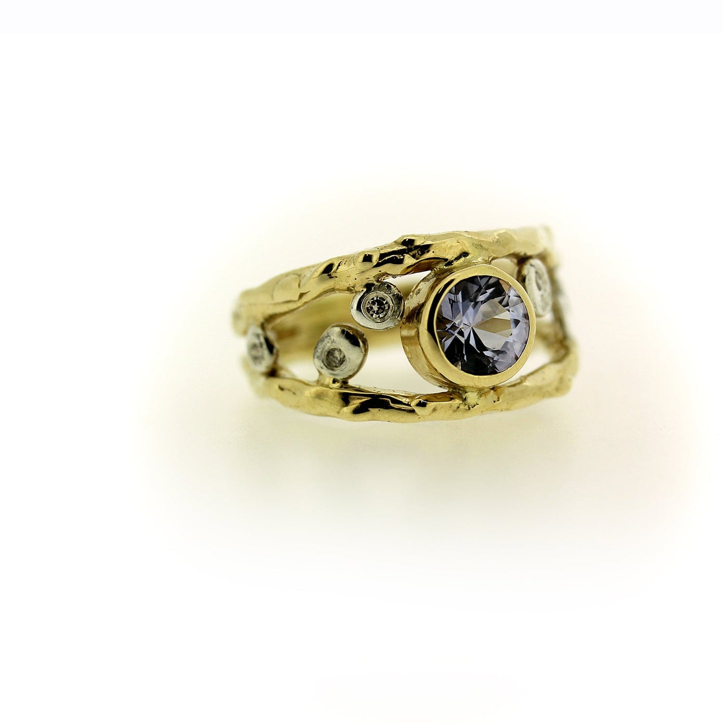 Color change sapphire, diamond, and 18K gold organic ring by Katie Poterala Jewelry, side view