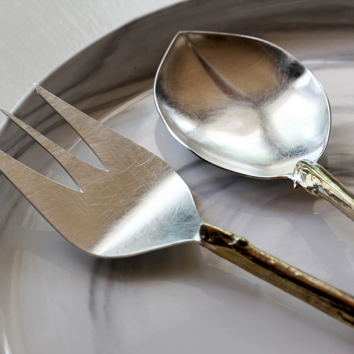 Serving Set, handmade in sterling silver and brass, cast stems from Swamp Rabbit Trail in Greenville SC, detail of spoon and fork