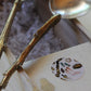 Serving Set, handmade in sterling silver and brass, cast stems from Swamp Rabbit Trail in Greenville SC, detail of texture on handle