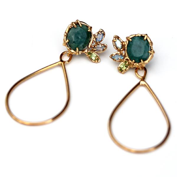 Rose Cut Emerald and Gold Dangle Earrings with labradorite and peridot accents