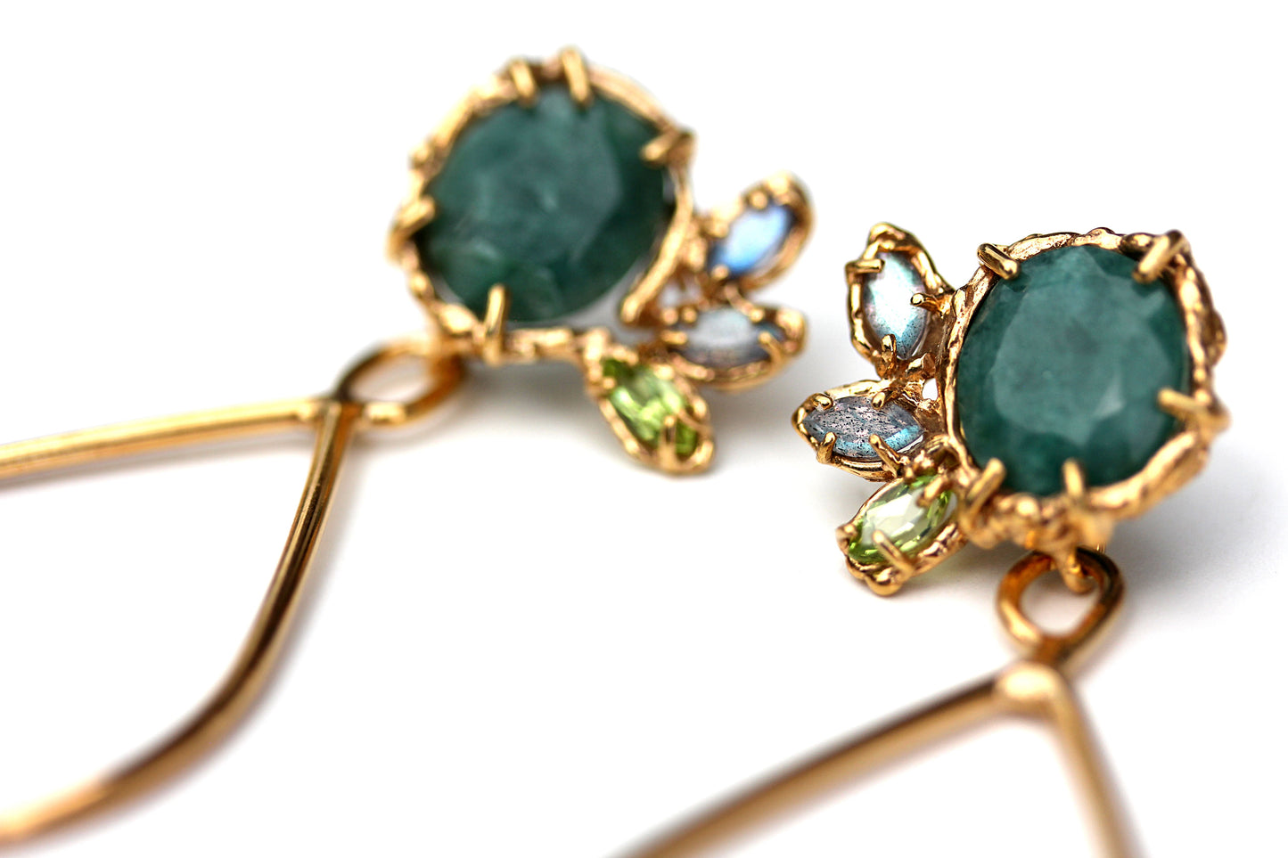 Detail of Organic Rose Cut Emerald and Gold Dangle Earrings with labradorite and peridot accents