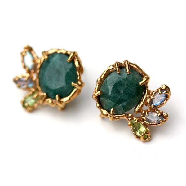 Organic Emerald and Gold Stud Earrings with labradorite and peridot accents