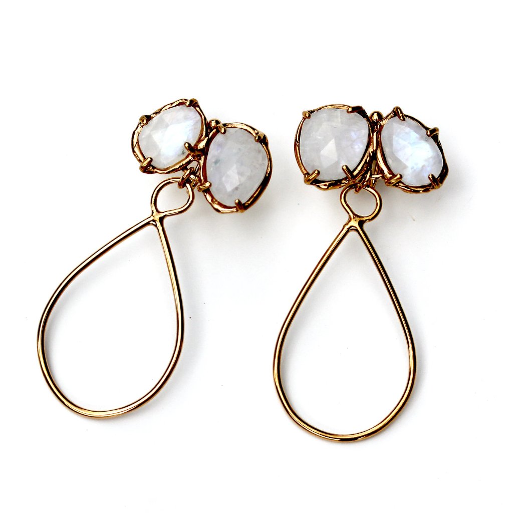 Prong set rose cut Rainbow Moonstone dangle earring in gold 