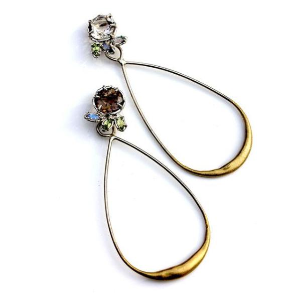 A subtly mismatched pair of earrings in Smoky Quartz, Peridot, Labradorite and Sterling Silver with a Gold Powdercoat accent.