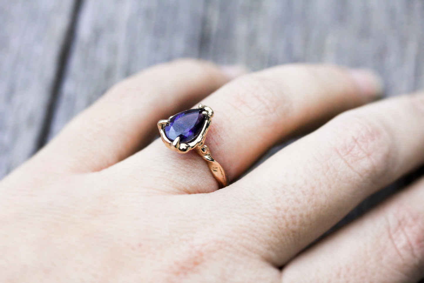 Full view of Lyla Ring on woman's hand to help give an idea of its scale.