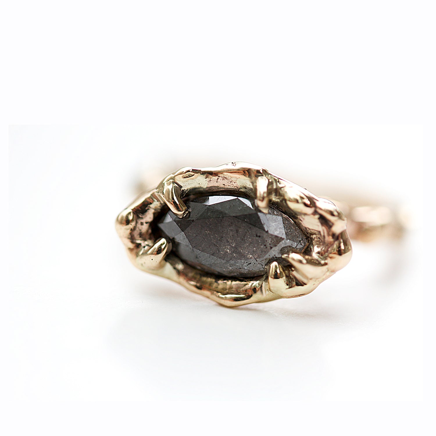 unique handmade rustic black ombre gray diamond engagement ring with hand wrought organic nature inspired dewdrop or water texture details