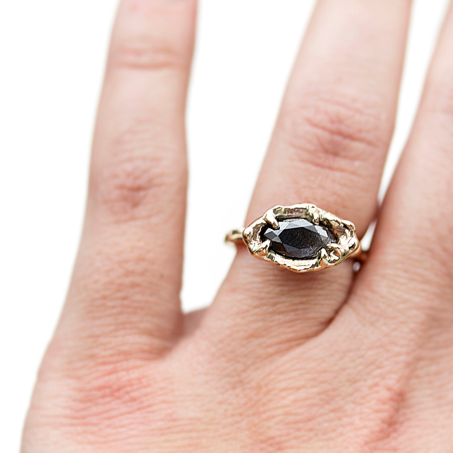 unique handmade rustic black diamond engagement ring with hand wrought organic nature inspired dewdrop or water texture details