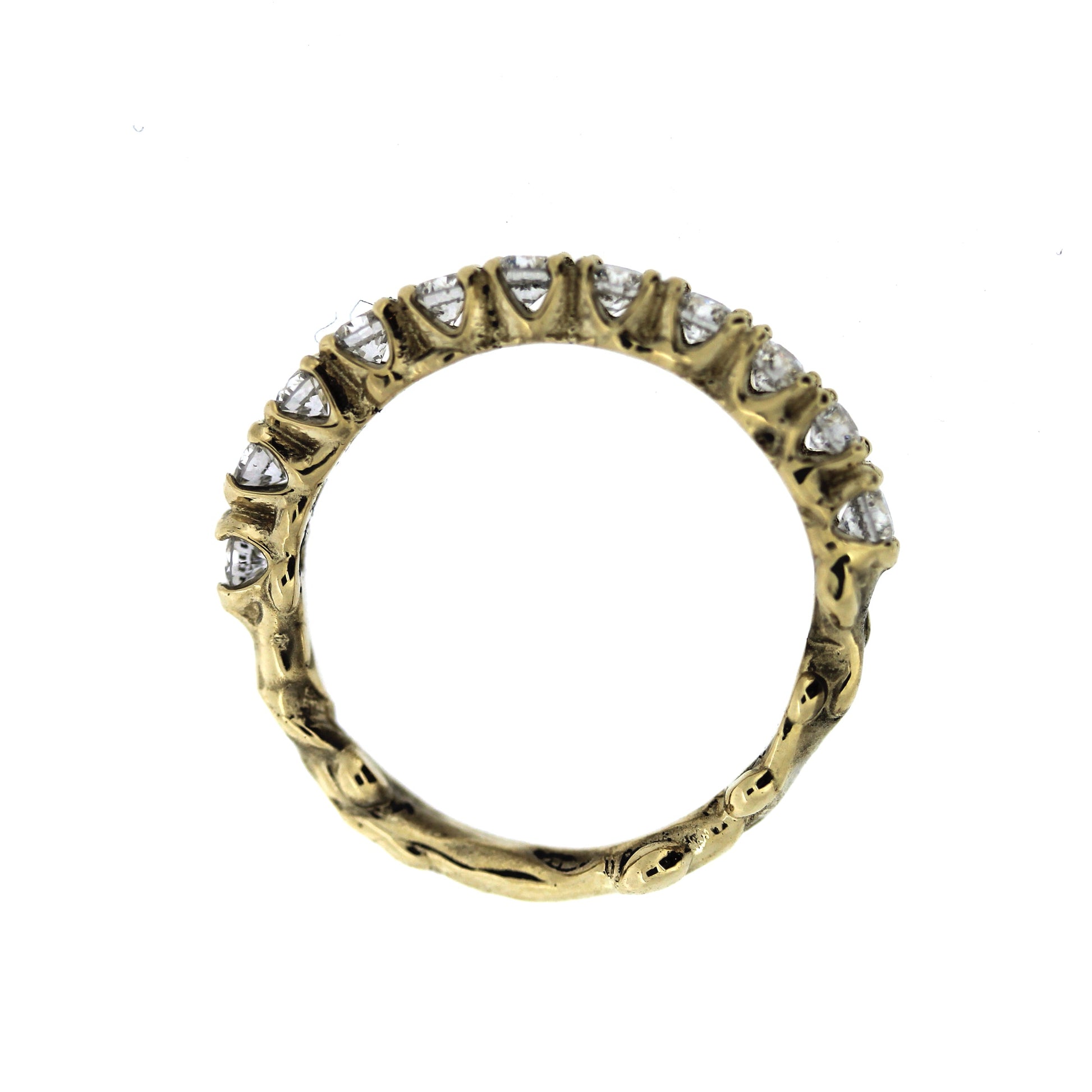 2mm diamond engagement half eternity band with unique organic texture and side viewing;  customer choice of diamond color and gold color